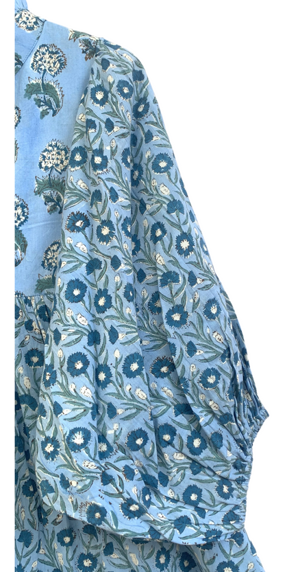 Sky Blue Botanical Hand Block Print Cotton Maxi Dress – Boho Puff Sleeve Tiered Style