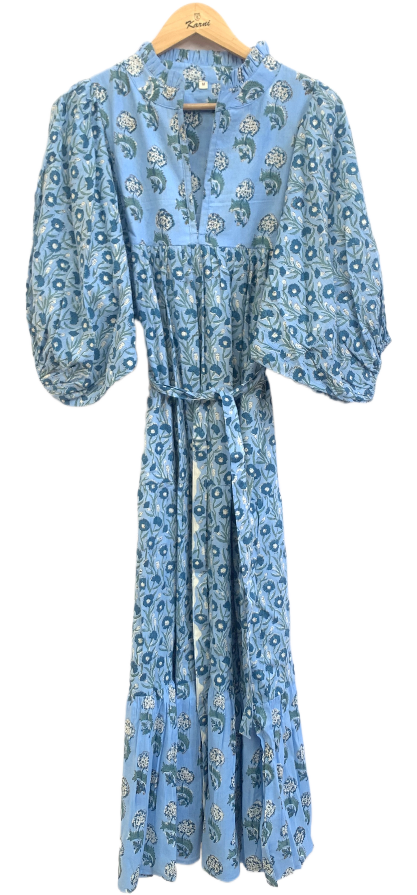 Sky Blue Botanical Hand Block Print Cotton Maxi Dress – Boho Puff Sleeve Tiered Style