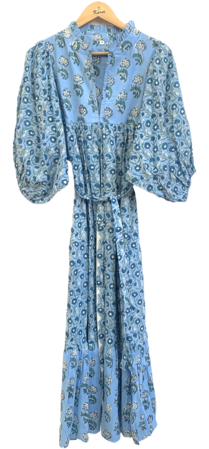 Sky Blue Botanical Hand Block Print Cotton Maxi Dress – Boho Puff Sleeve Tiered Style