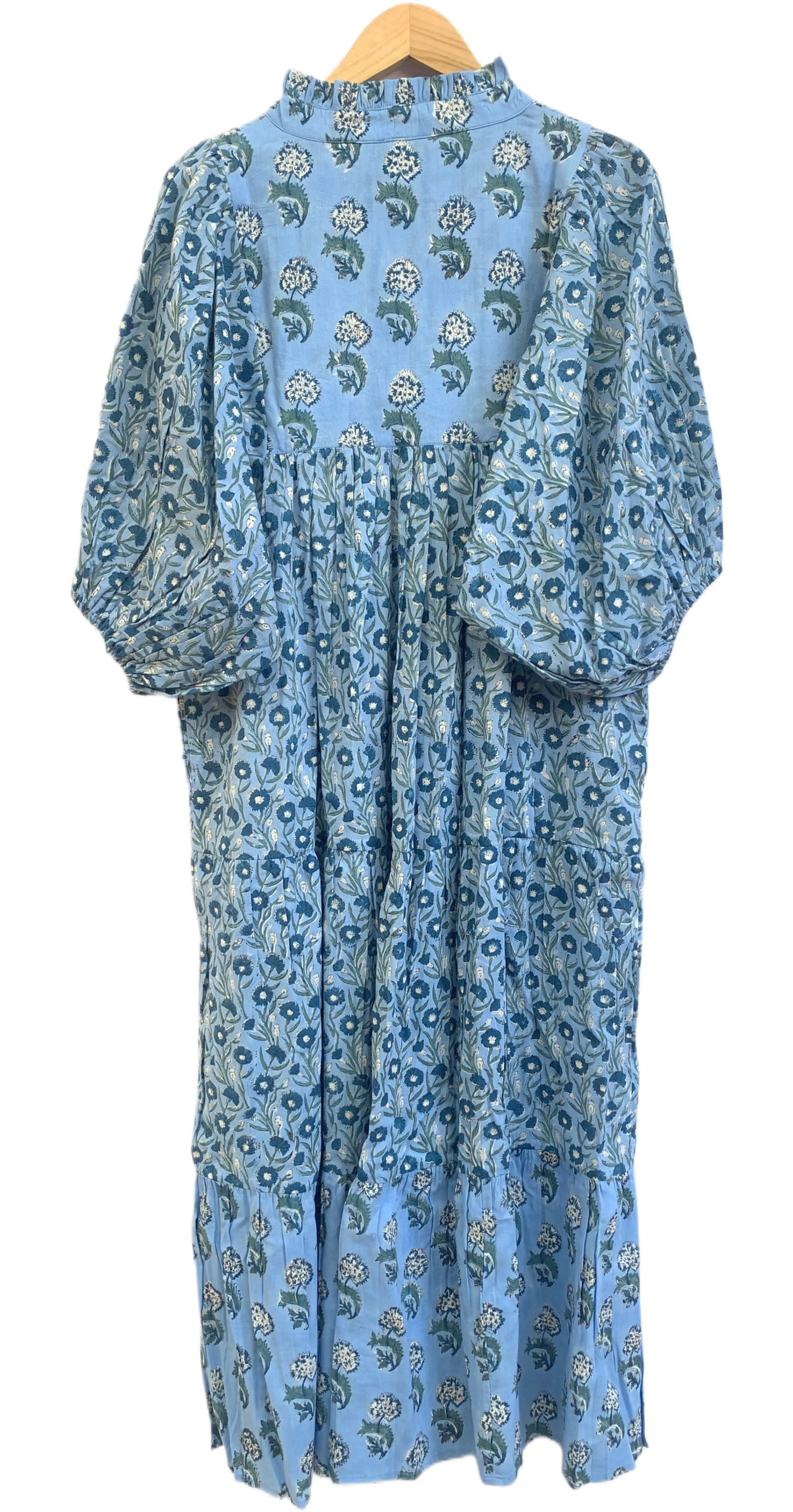 Sky Blue Botanical Hand Block Print Cotton Maxi Dress – Boho Puff Sleeve Tiered Style