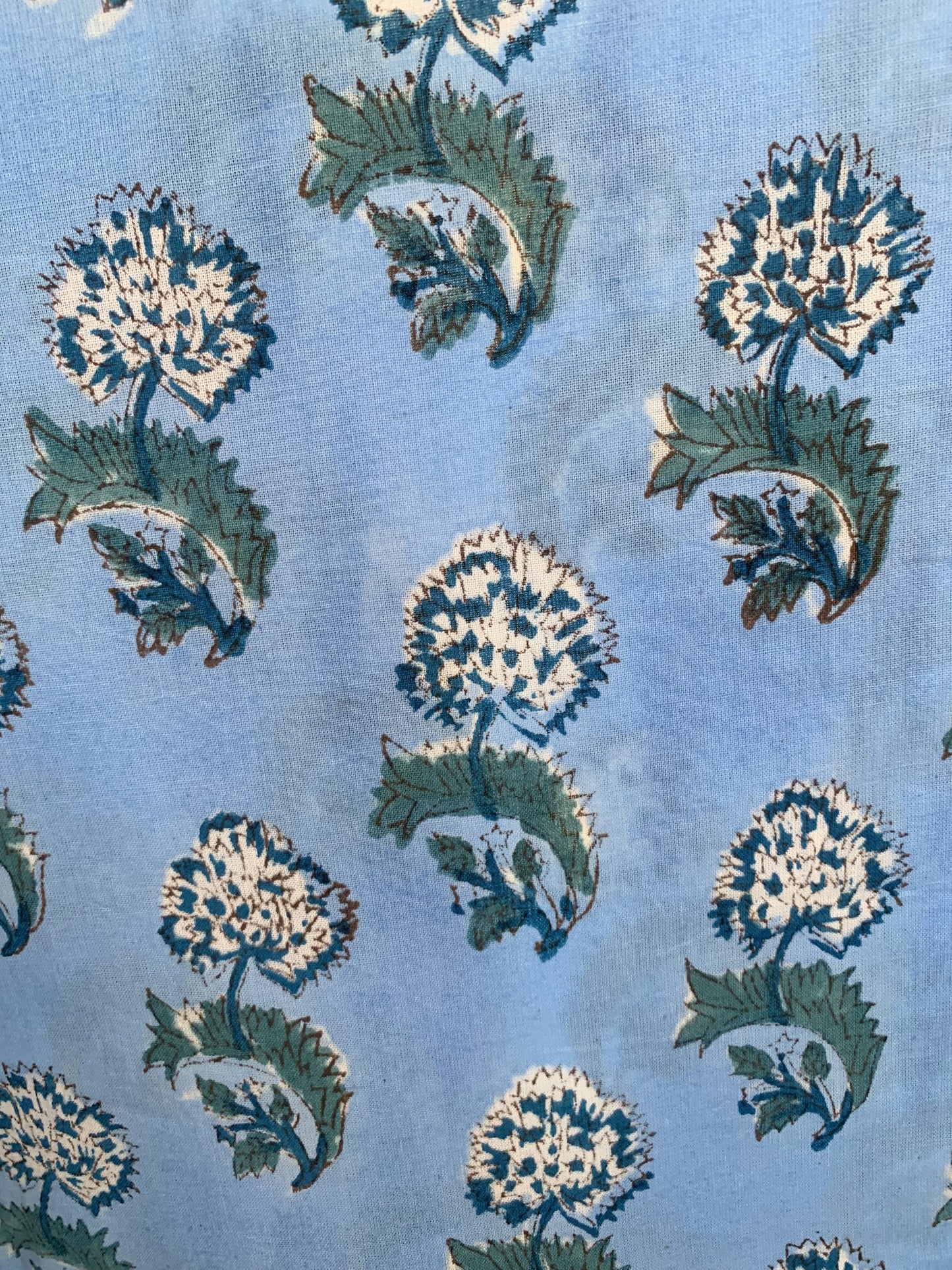 Sky Blue Botanical Hand Block Print Cotton Maxi Dress – Boho Puff Sleeve Tiered Style