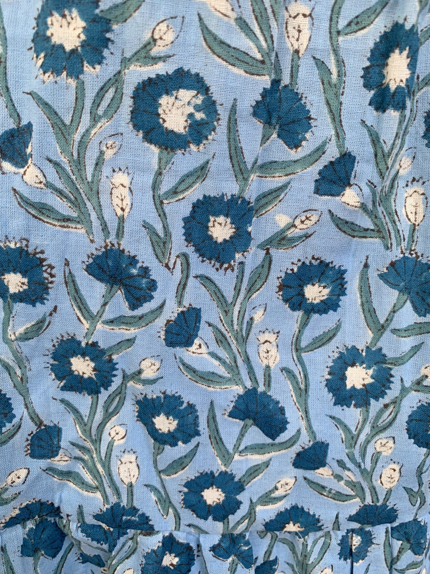 Sky Blue Botanical Hand Block Print Cotton Maxi Dress – Boho Puff Sleeve Tiered Style