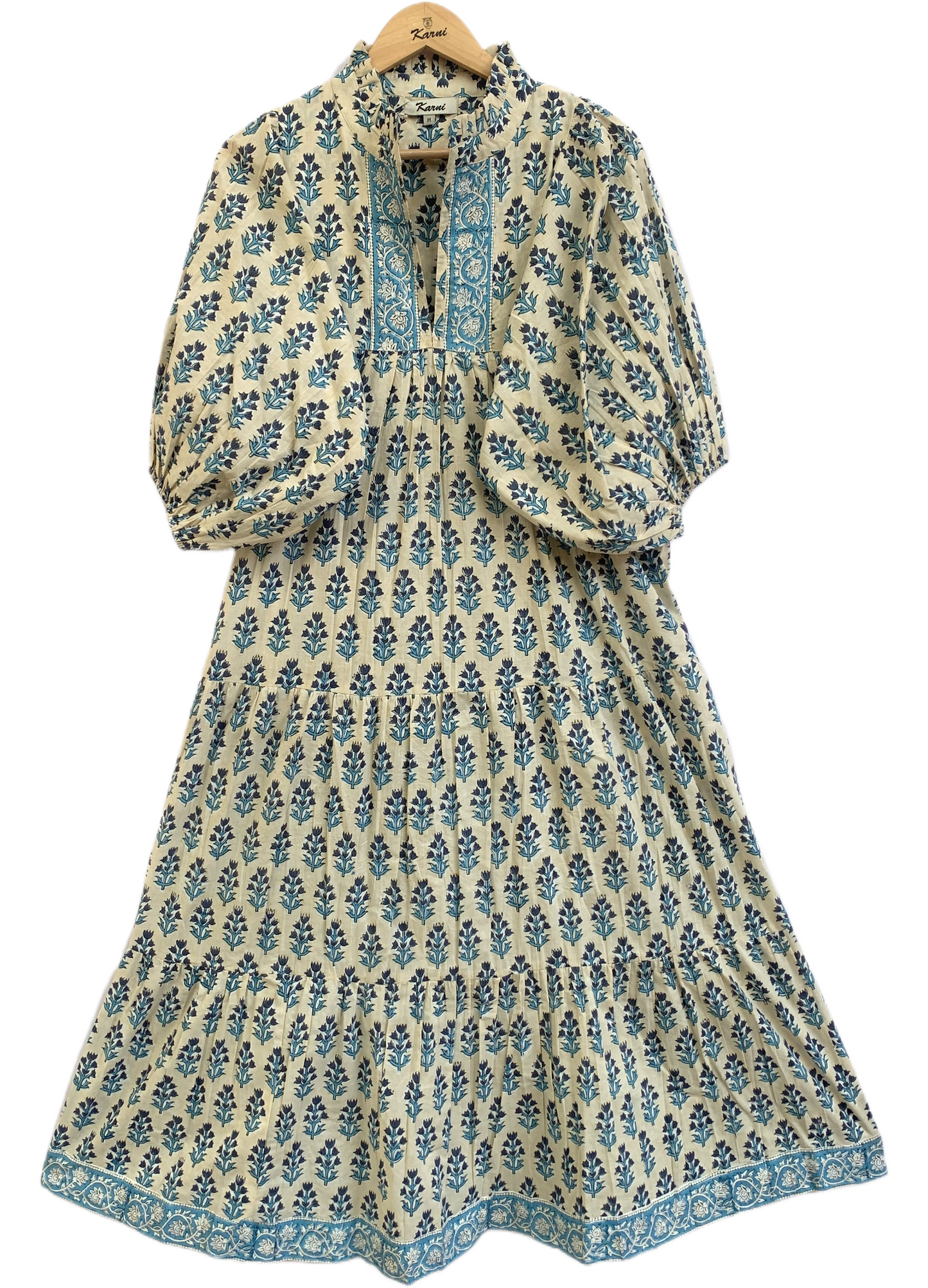 Cream Teal Floral Hand Block Print Cotton Maxi Dress – Boho Puff Sleeve Tiered Summer Dress