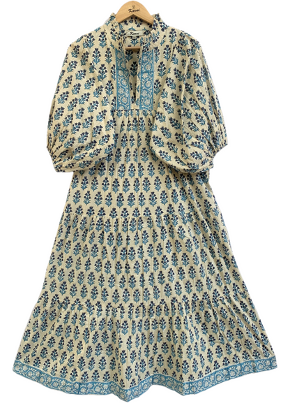 Cream Teal Floral Hand Block Print Cotton Maxi Dress – Boho Puff Sleeve Tiered Summer Dress