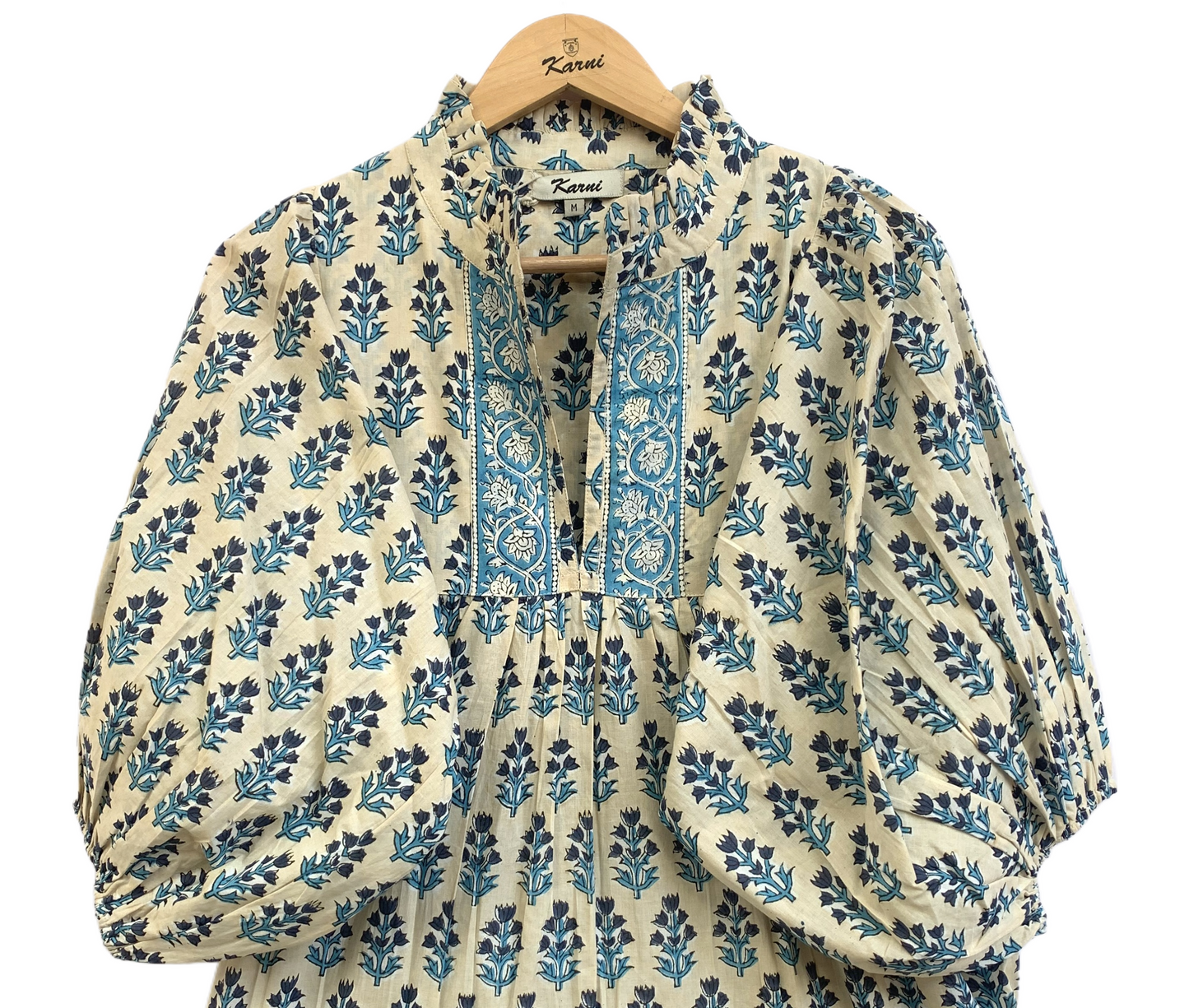 Cream Teal Floral Hand Block Print Cotton Maxi Dress – Boho Puff Sleeve Tiered Summer Dress