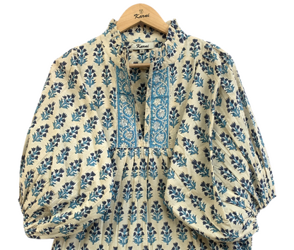 Cream Teal Floral Hand Block Print Cotton Maxi Dress – Boho Puff Sleeve Tiered Summer Dress