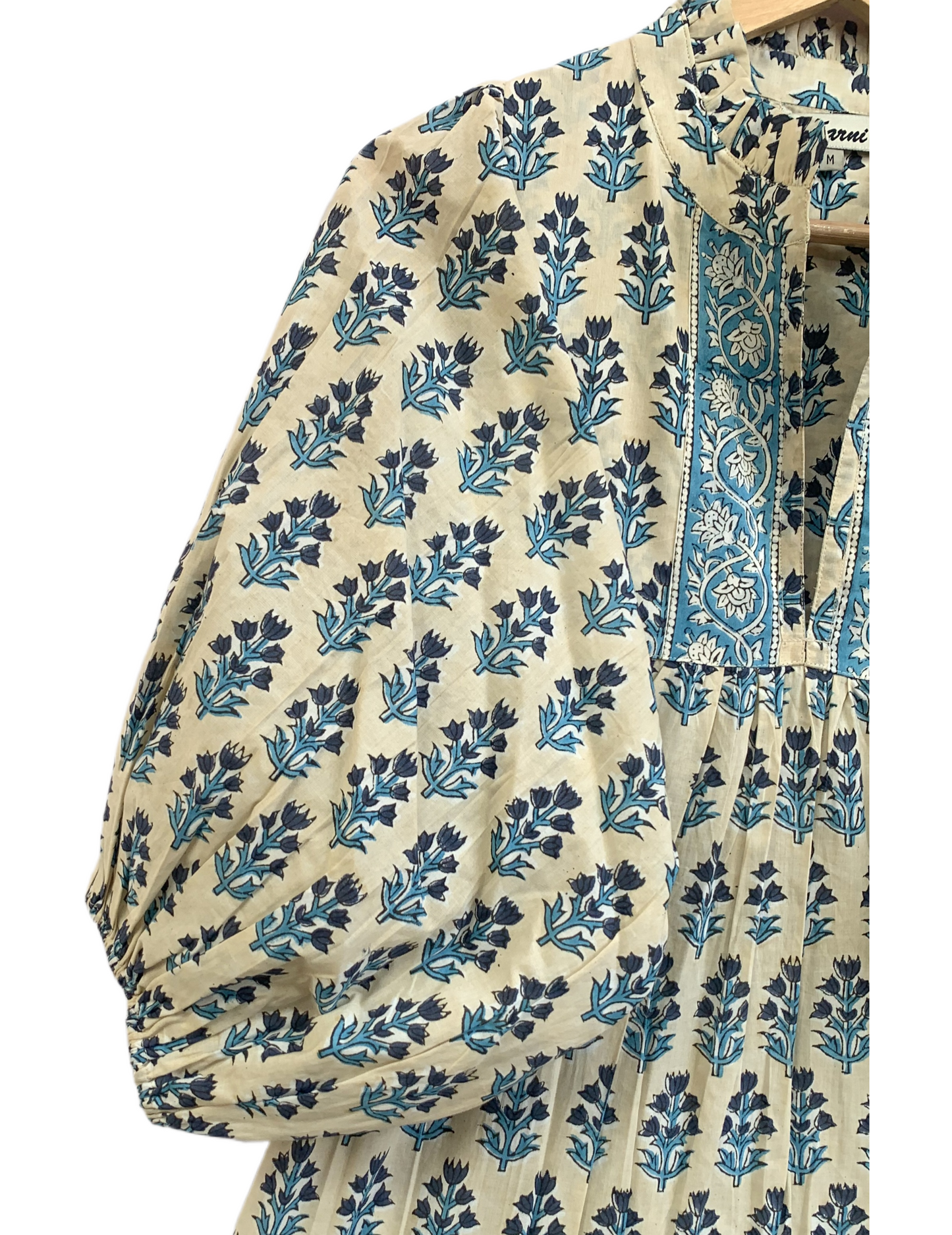 Cream Teal Floral Hand Block Print Cotton Maxi Dress – Boho Puff Sleeve Tiered Summer Dress