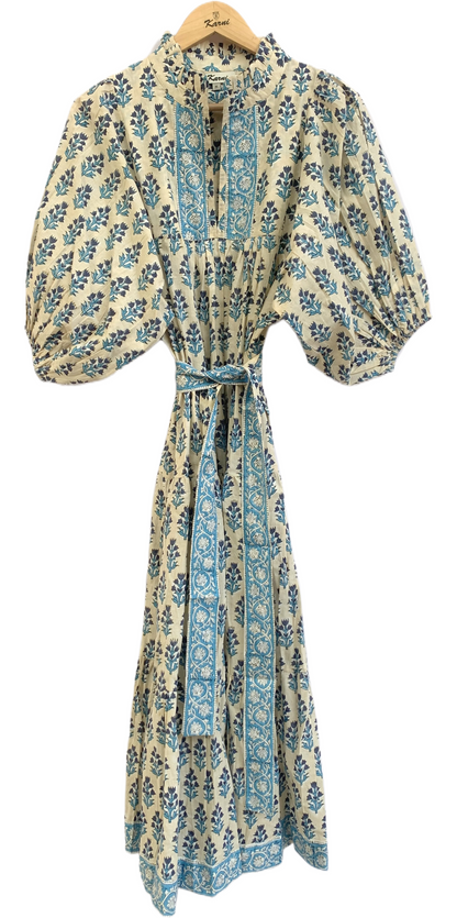 Cream Teal Floral Hand Block Print Cotton Maxi Dress – Boho Puff Sleeve Tiered Summer Dress