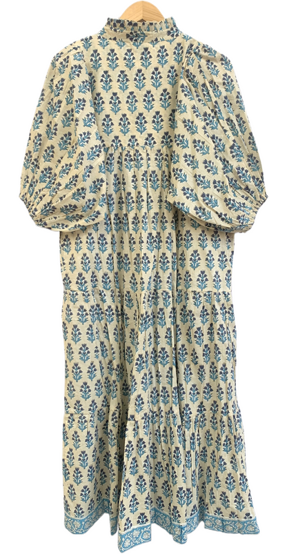 Cream Teal Floral Hand Block Print Cotton Maxi Dress – Boho Puff Sleeve Tiered Summer Dress