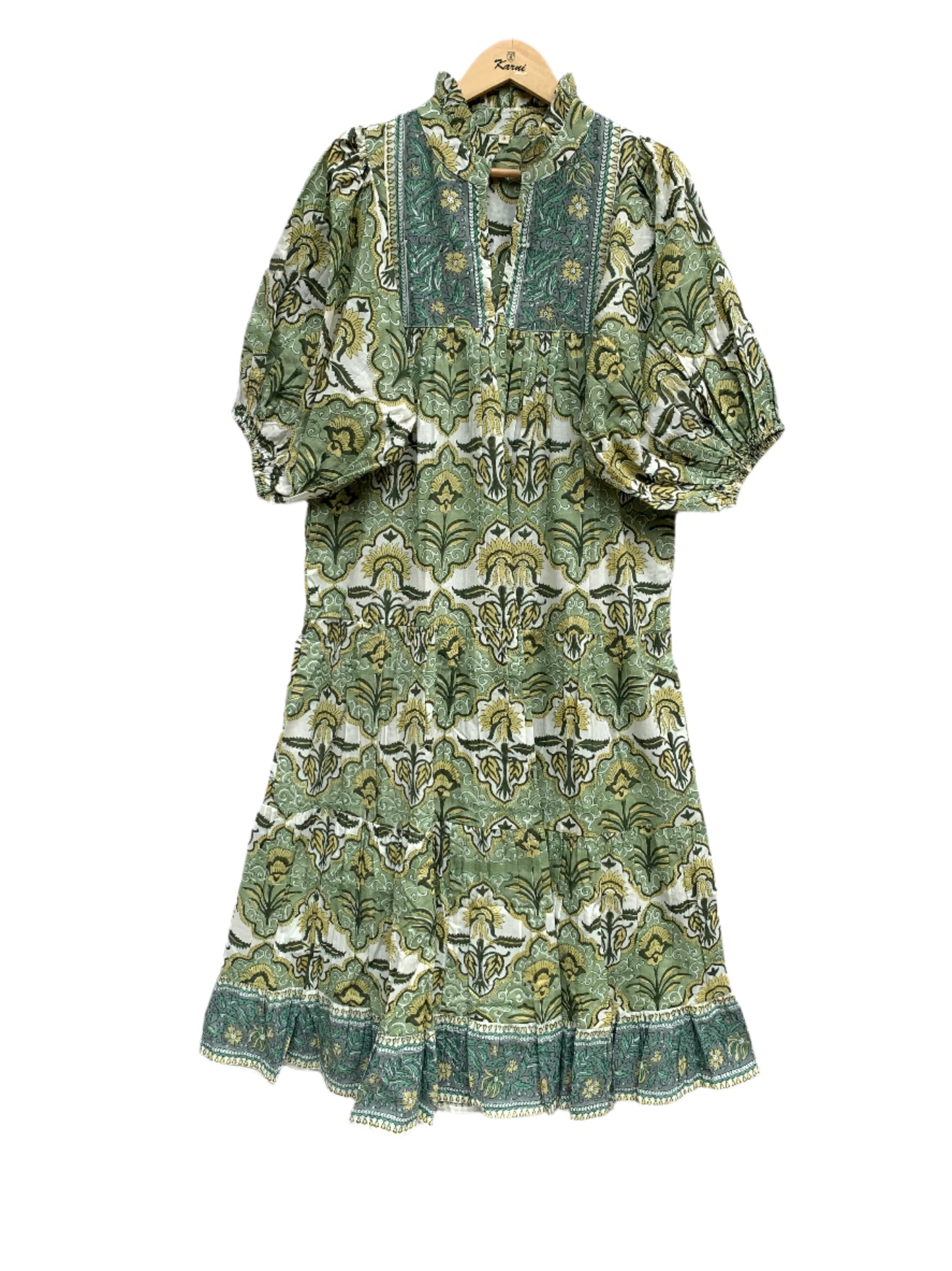 green floral hand block printed women's maxi dress - frill collar with belt cotton maxi dress - 3/4th sleeves boho dress