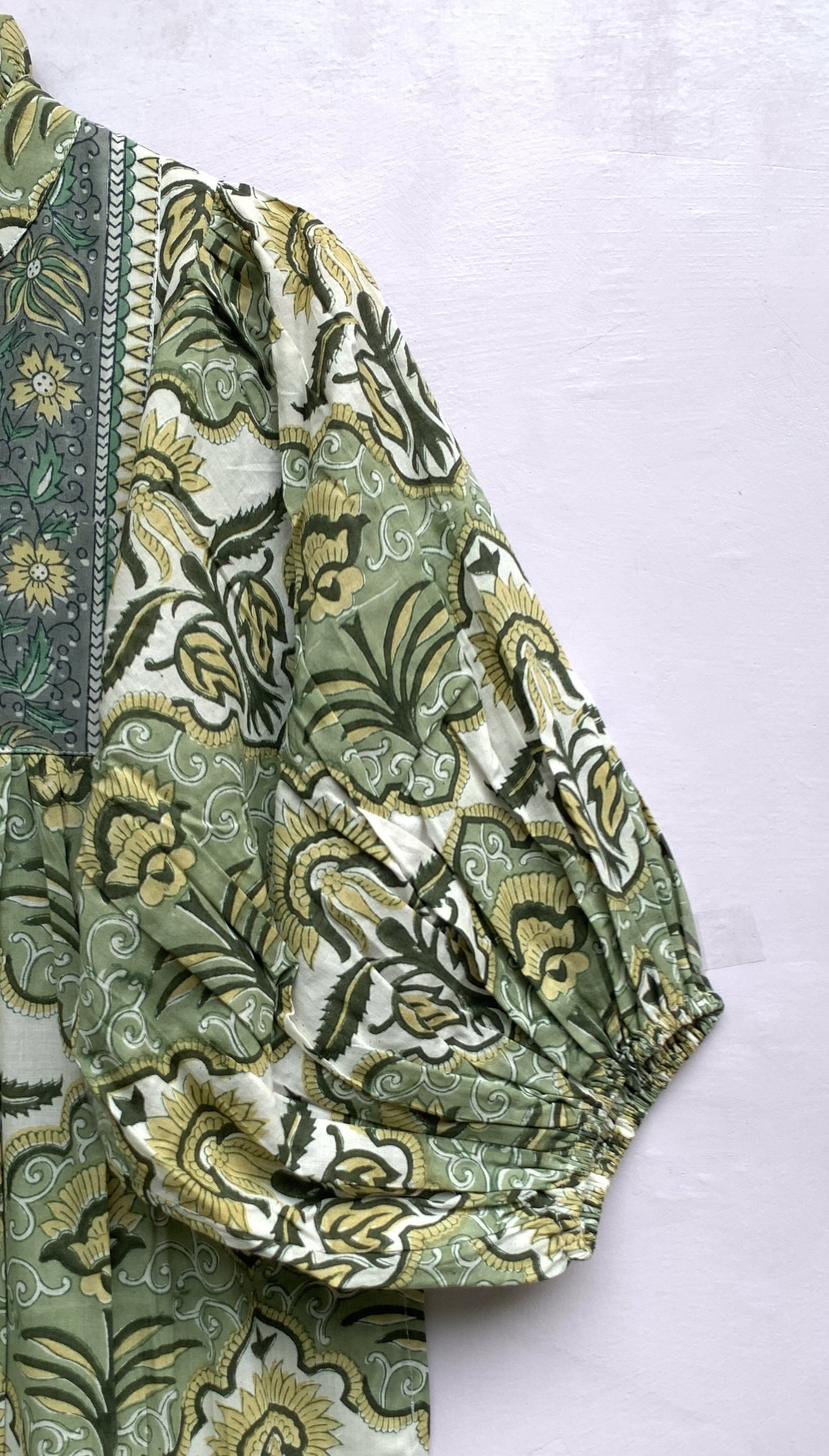 green floral hand block printed women's maxi dress - frill collar with belt cotton maxi dress - 3/4th sleeves boho dress