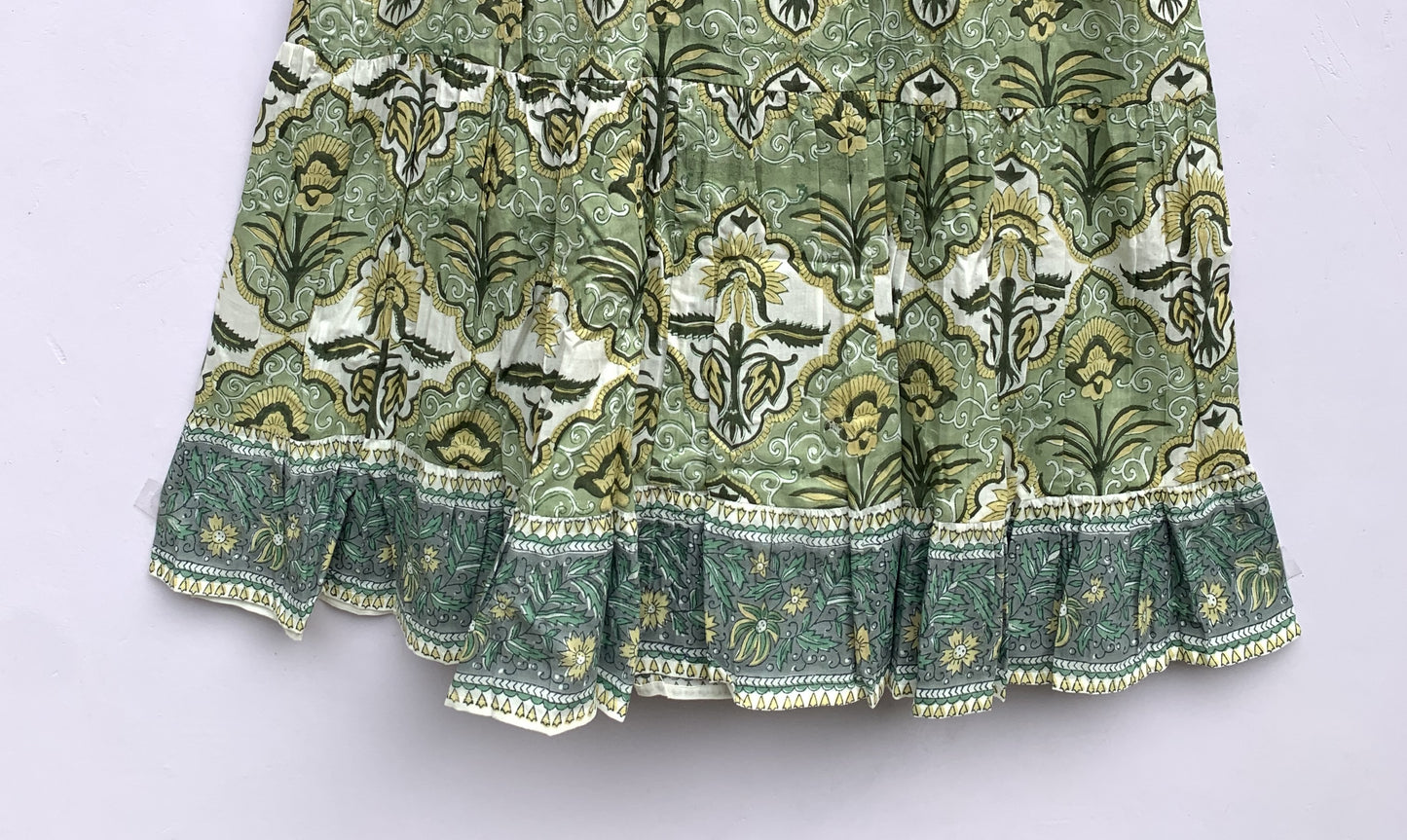 green floral hand block printed women's maxi dress - frill collar with belt cotton maxi dress - 3/4th sleeves boho dress
