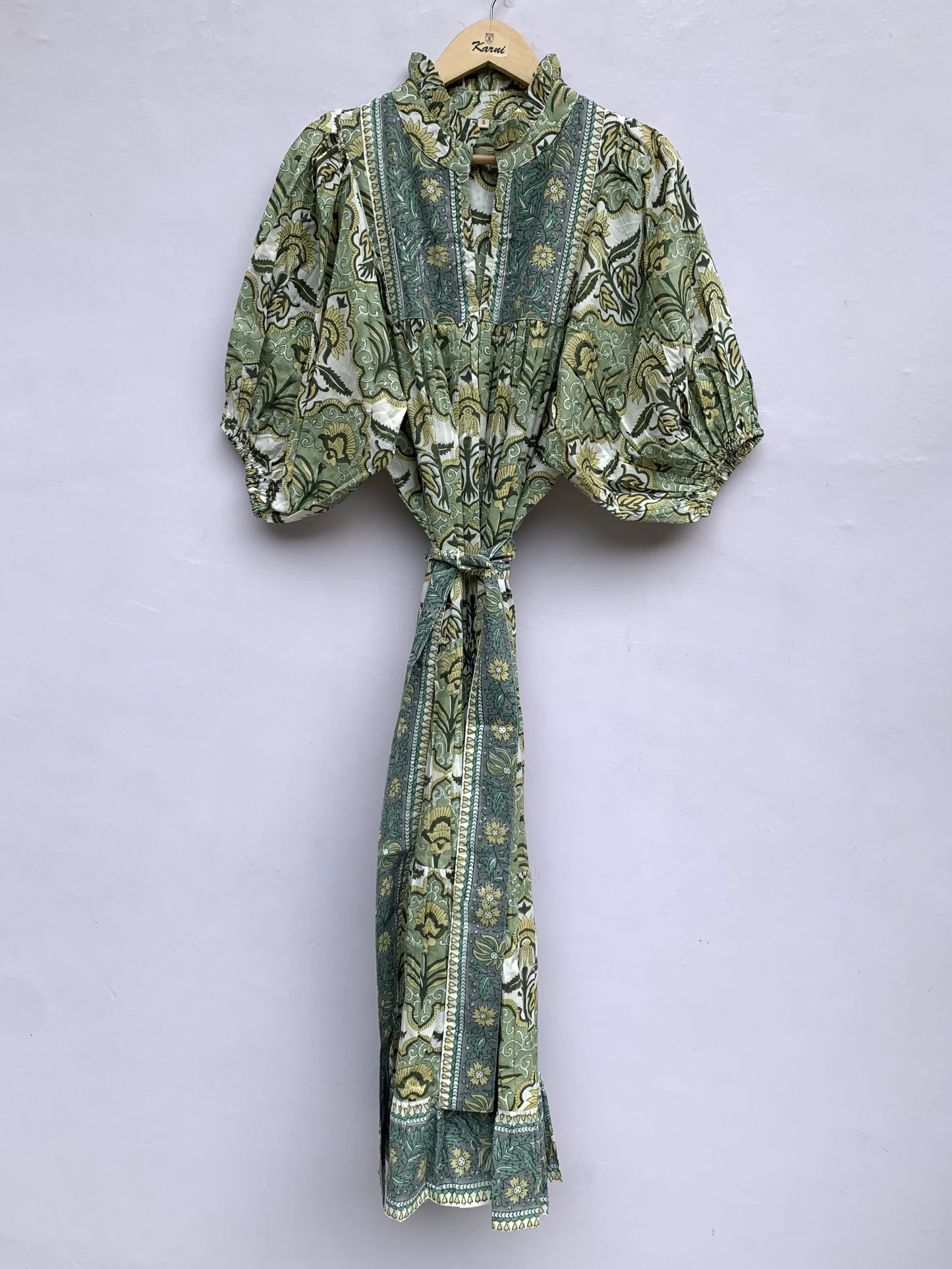 green floral hand block printed women's maxi dress - frill collar with belt cotton maxi dress - 3/4th sleeves boho dress