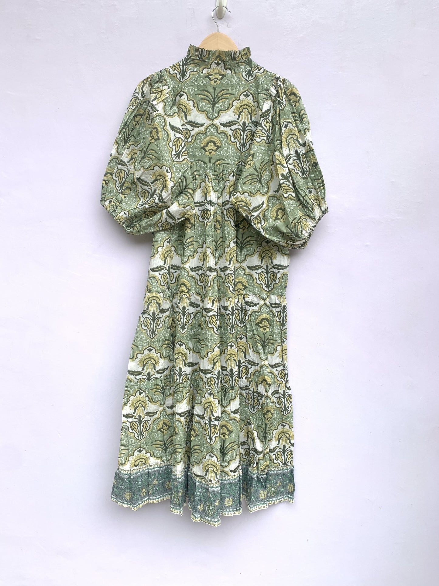 green floral hand block printed women's maxi dress - frill collar with belt cotton maxi dress - 3/4th sleeves boho dress