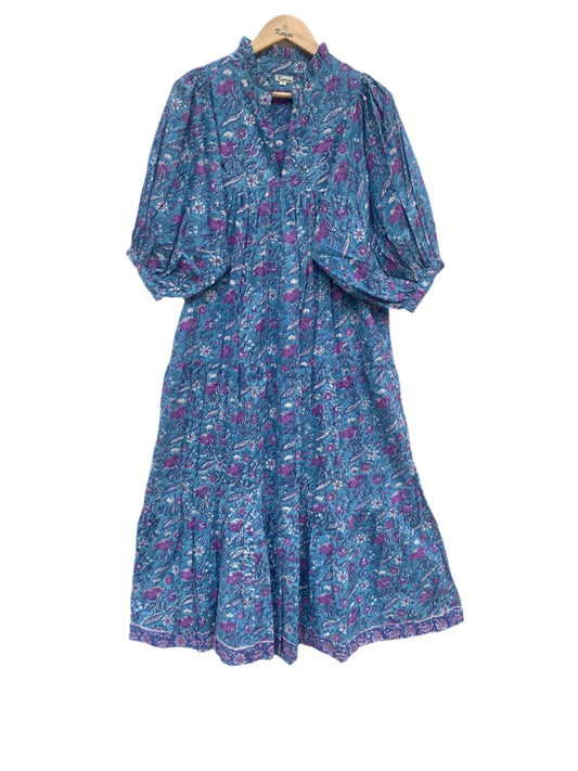 cotton blue-purple floral block printed women's maxi dress - frill collar with belt long maxi dress - 3/4th sleeves boho dress