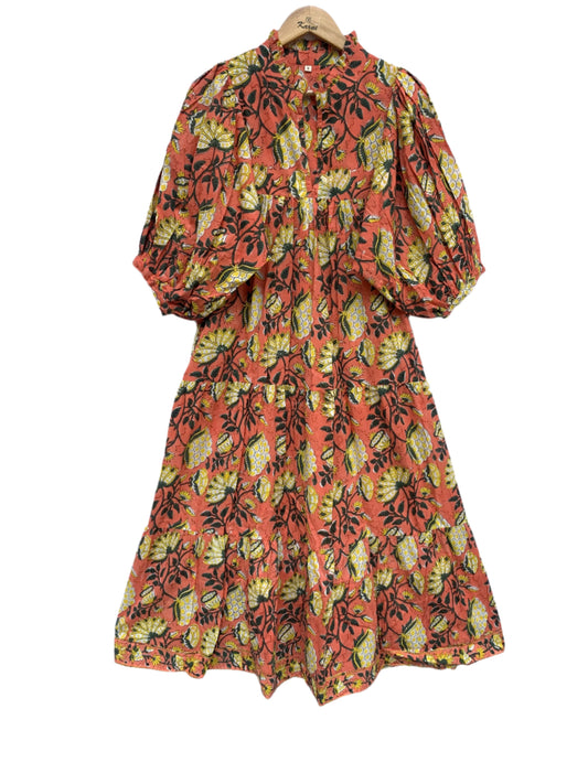 red-yellow floral block printed women's maxi dress - frill collar with belt cotton long dress