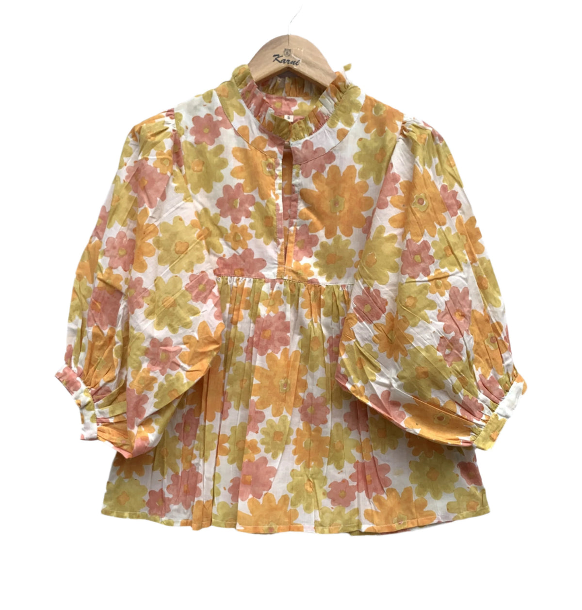 cotton yellow pink hand block floral blouse