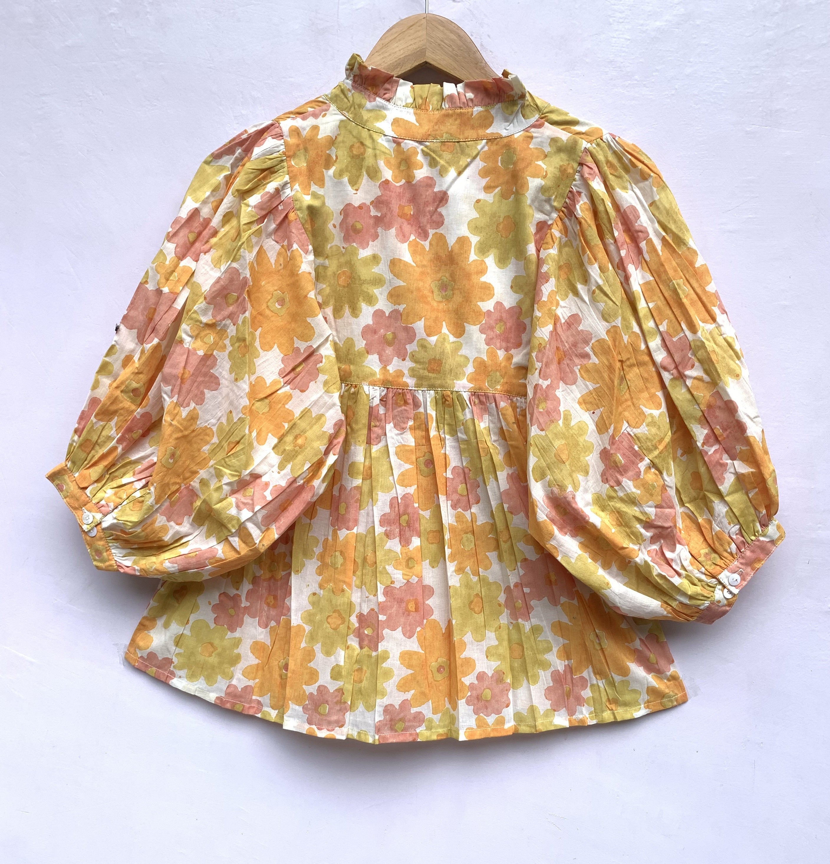 cotton yellow pink hand block floral blouse