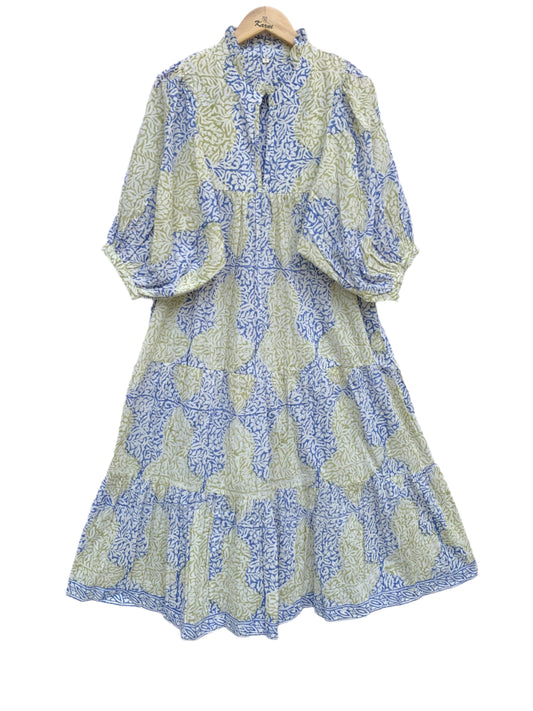 stylish blue-yellow pattern printed women's maxi dress