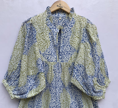 stylish blue-yellow pattern printed women's maxi dress