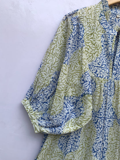 stylish blue-yellow pattern printed women's maxi dress