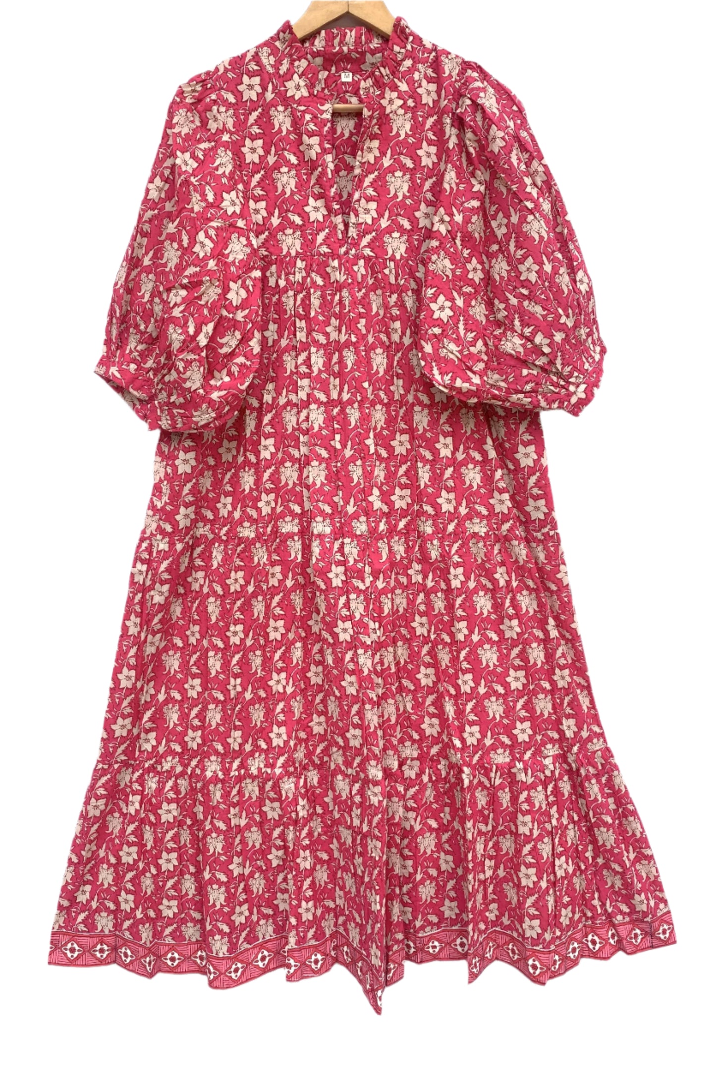 cotton red floral hand block printed women's maxi dress
