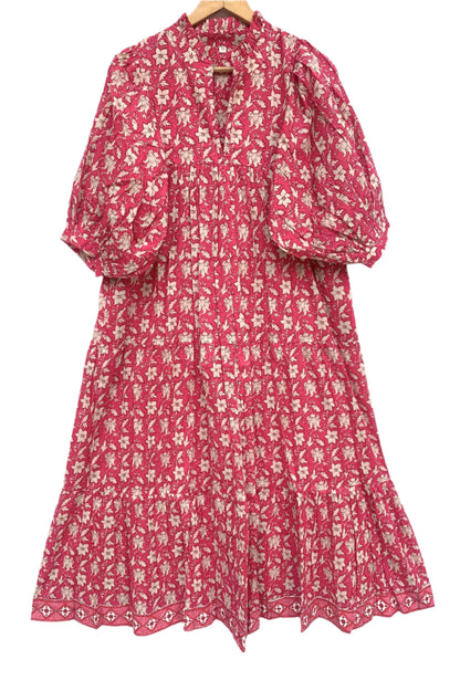 cotton red floral hand block printed women's maxi dress