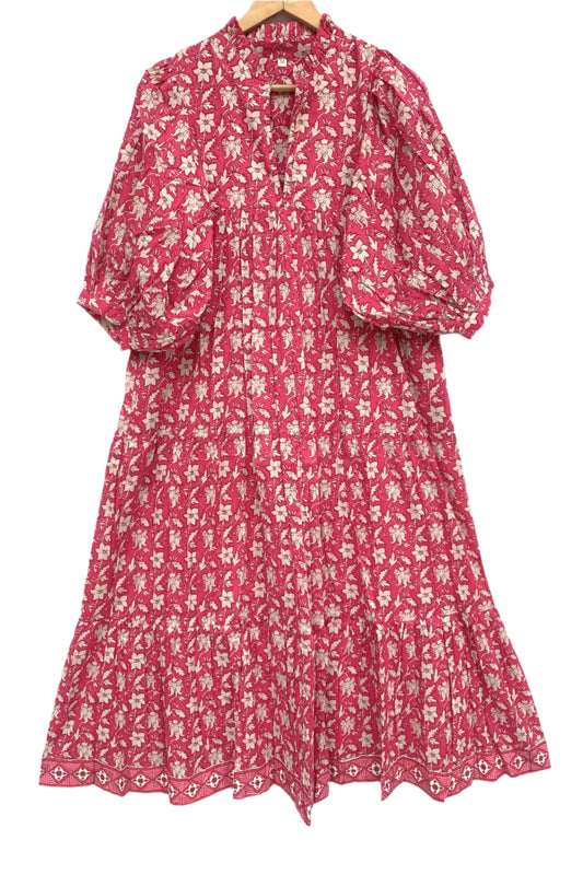 cotton red floral hand block printed women's maxi dress