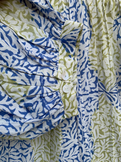 stylish blue-yellow pattern printed women's maxi dress