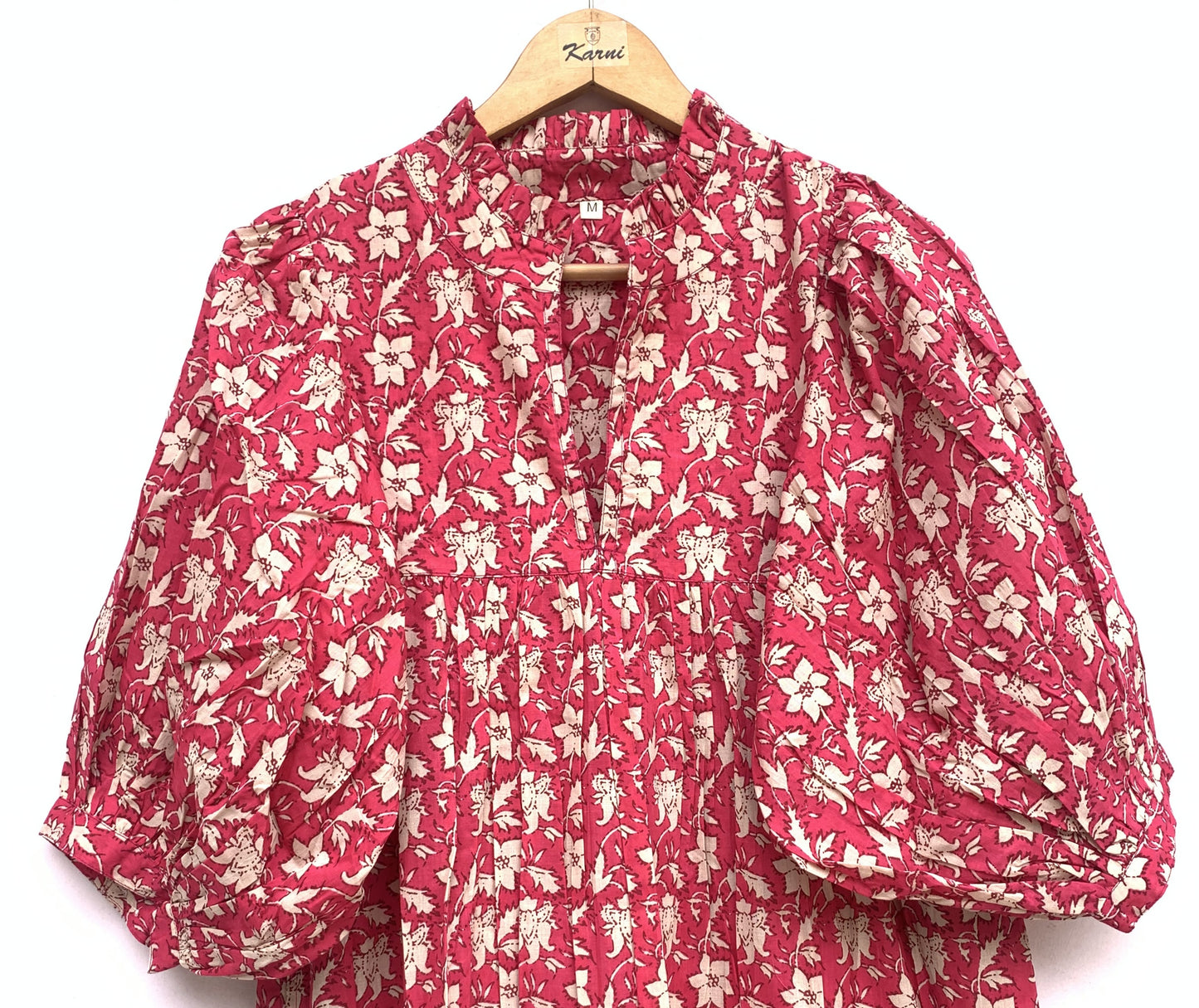 cotton red floral hand block printed women's maxi dress