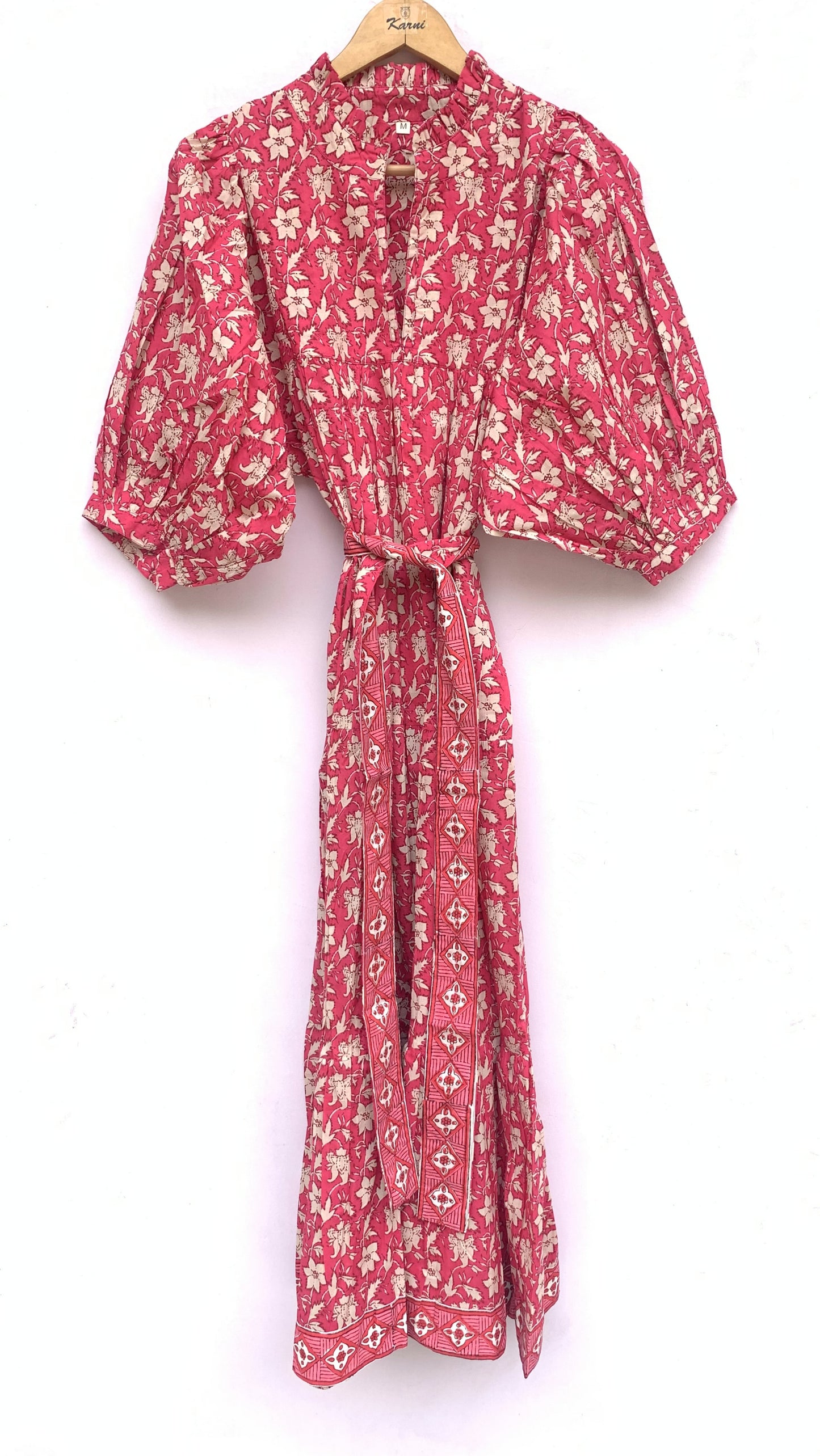 cotton red floral hand block printed women's maxi dress