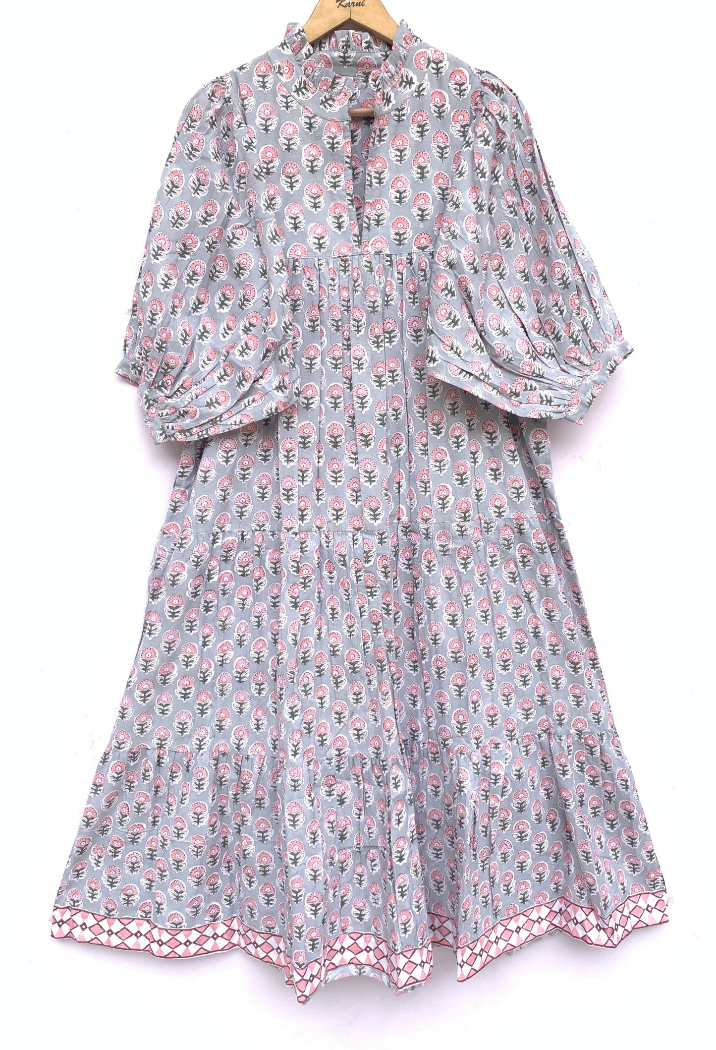 indian gray pink floral hand block printed women's maxi dress