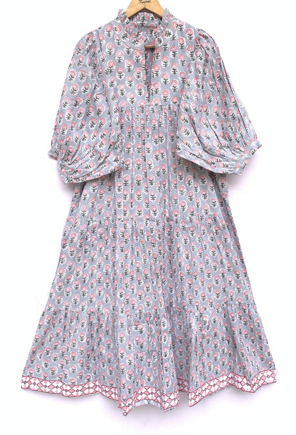 indian gray pink floral hand block printed women's maxi dress