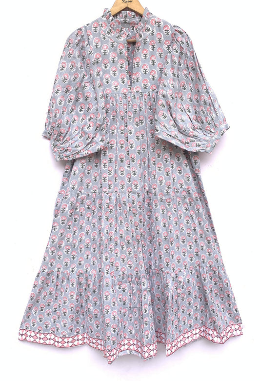 indian gray pink floral hand block printed women's maxi dress