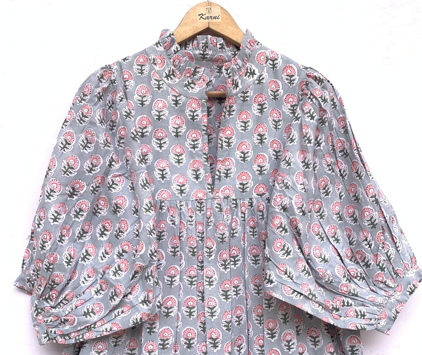 indian gray pink floral hand block printed women's maxi dress
