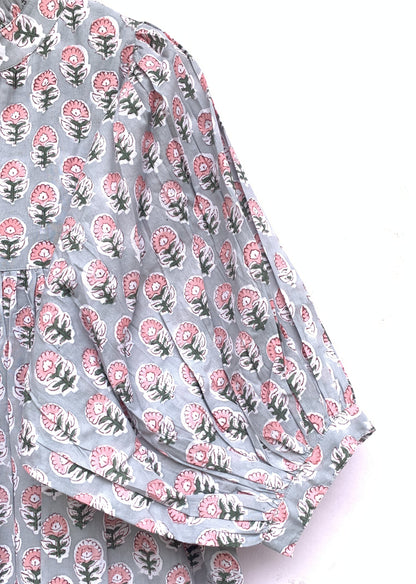 indian gray pink floral hand block printed women's maxi dress