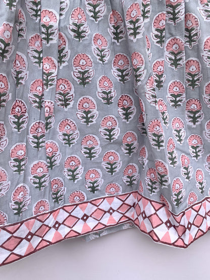 indian gray pink floral hand block printed women's maxi dress