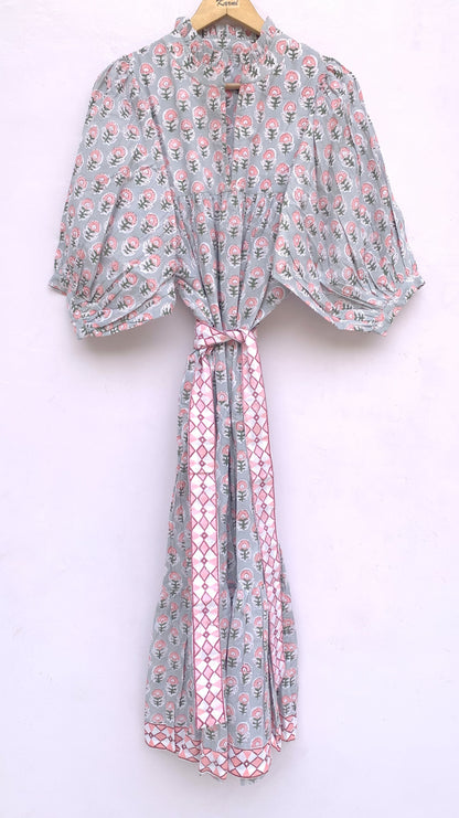 indian gray pink floral hand block printed women's maxi dress