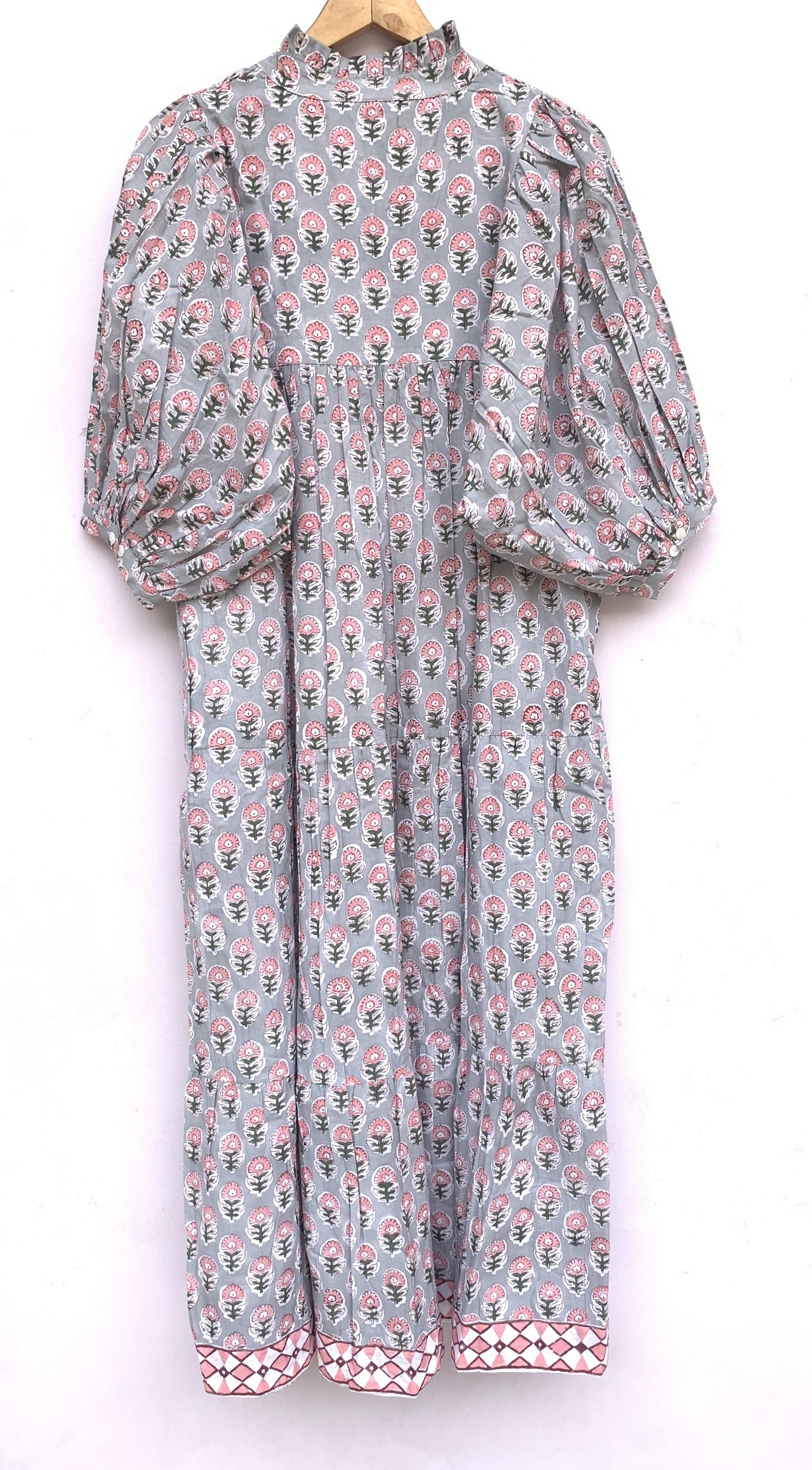 indian gray pink floral hand block printed women's maxi dress