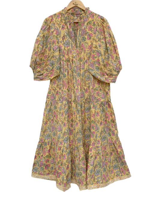 indian yellow-pink floral printed women's maxi dress