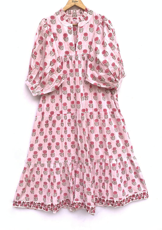 cotton baby pink flower plant printed women's long dress