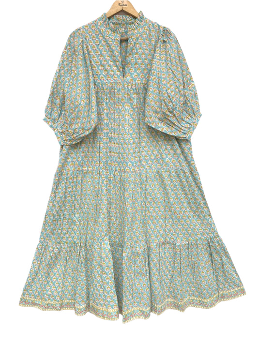 bohemian green yellow floral hand block printed women's maxi dress