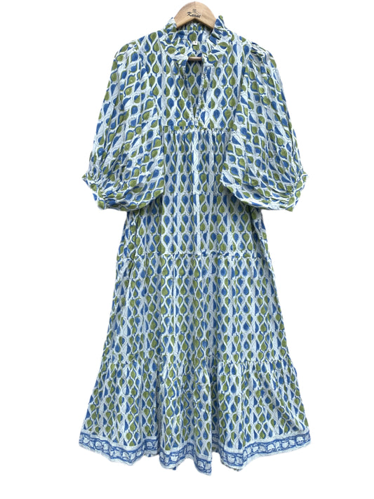 green-blue leaf printed women's long maxi dress