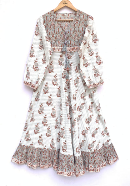 cotton gray brown floral hand block printed women's maxi dress