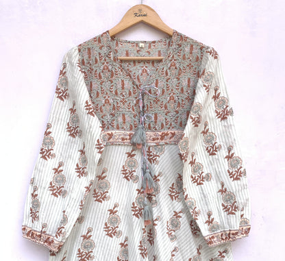 cotton gray brown floral hand block printed women's maxi dress