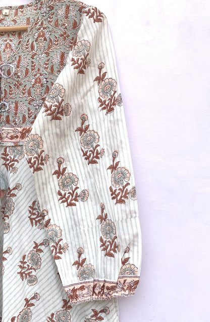 cotton gray brown floral hand block printed women's maxi dress