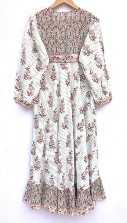 cotton gray brown floral hand block printed women's maxi dress