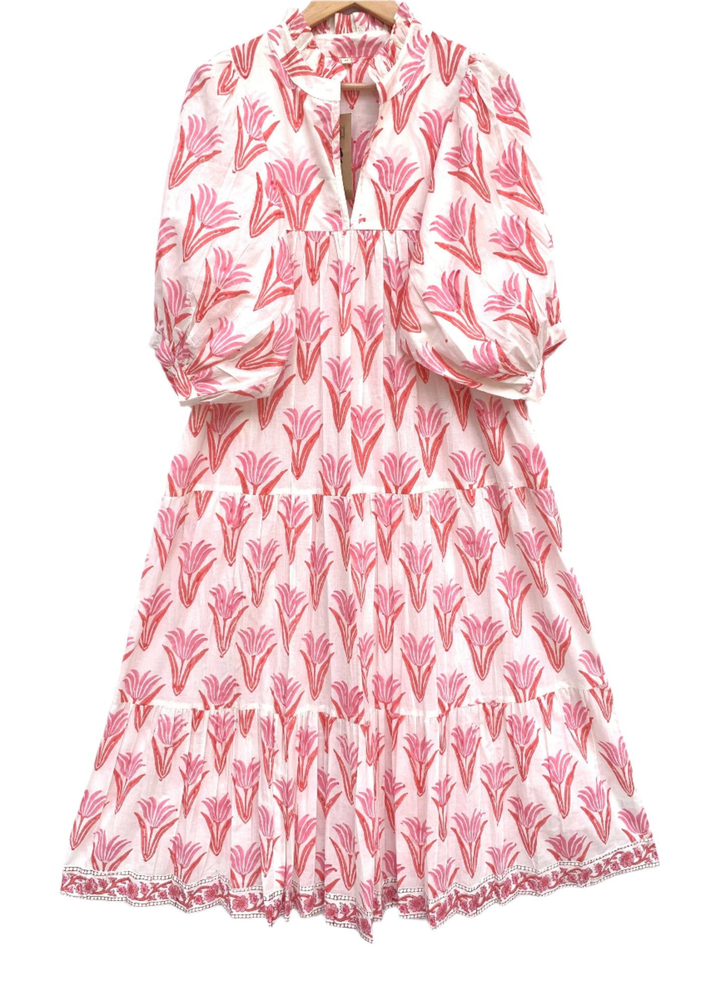 summer orange pink floral hand block printed women's maxi dress
