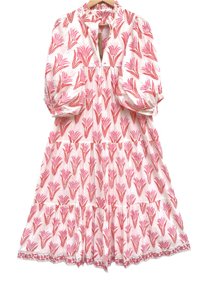 summer orange pink floral hand block printed women's maxi dress