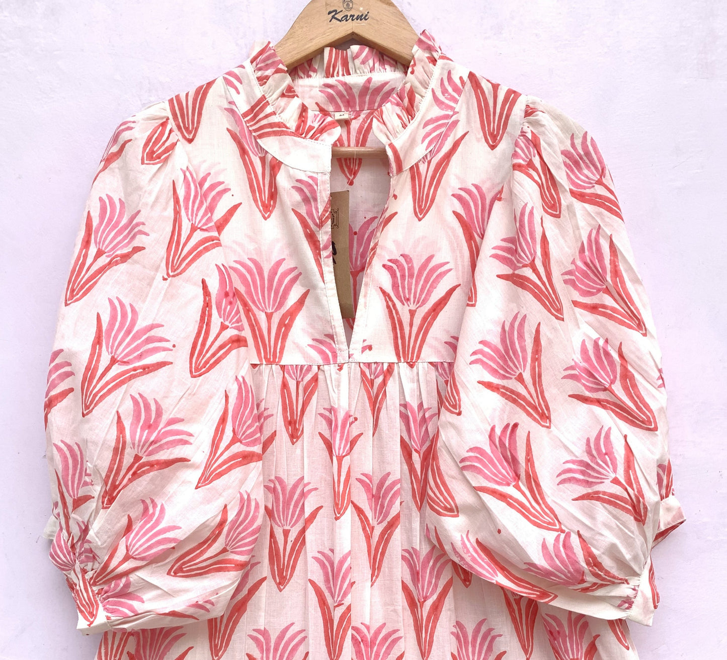 summer orange pink floral hand block printed women's maxi dress